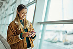 Travel, phone and woman with passport at airport lobby for social media, internet browsing or web scrolling. Vacation, mobile technology and female with smartphone and document for global traveling.
