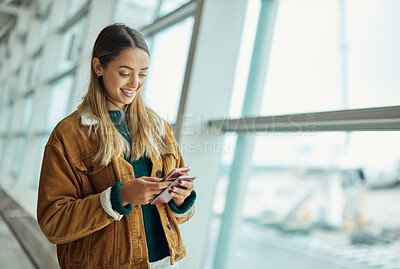 Buy stock photo Travel, phone and woman with passport at airport lobby for social media, internet browsing or web scrolling. Vacation, mobile technology and female with smartphone and document for global traveling.