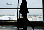 Airport, travel or silhouette person walking to airplane, flight booking or transportation for world tour. Suitcase luggage, plane departure or profile man on holiday trip, vacation or global journey