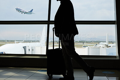 Buy stock photo Airport, travel and silhouette person walking to airplane, flight booking or transportation for world trip. Suitcase luggage, plane departure and profile man on holiday, vacation or business journey