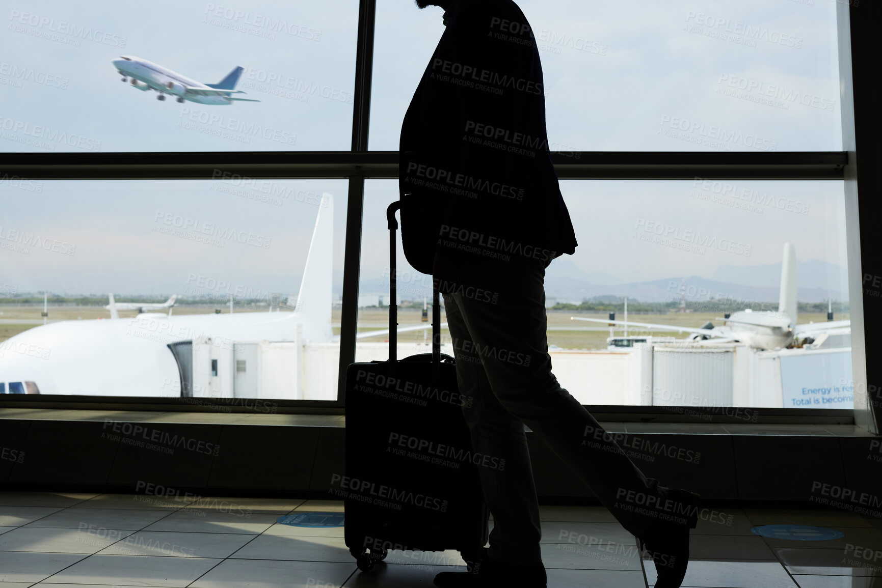 Buy stock photo Airport, travel and silhouette person walking to airplane, flight booking or transportation for world trip. Suitcase luggage, plane departure and profile man on holiday, vacation or business journey