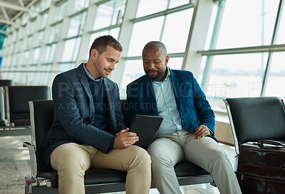 Buy stock photo Airport diversity, tablet or business people teamwork on finance portfolio review, stock market database or investment. Economy, travel or crypto trader collaboration on NFT, bitcoin or forex trading