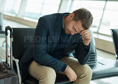 Buy stock photo Airport, sad and headache of man waiting to travel, frustrated or depression in transport delay, crisis or problem. Immigration, stress and angry person depressed for flight fail or schedule mistake