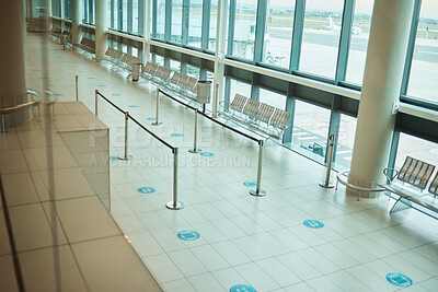 Buy stock photo Travel, empty and floor of an airport building with space, architecture and waiting room for a plane. Design, clean and terminal for a check in while traveling, tourism and corridor entrance