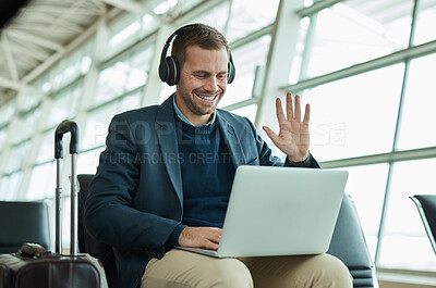 Buy stock photo Computer call, wave and business man at an airport in a online meeting ready for work travel. Consulting, businessman and web worker traveling for a job interview talking on a digital conference