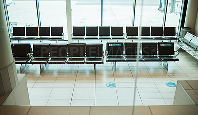Buy stock photo Empty airport, seats or furniture in departure lounge, covid compliance or coronavirus lockdown in global healthcare laws. Air travel, chair or waiting area and nobody in bacteria control management 