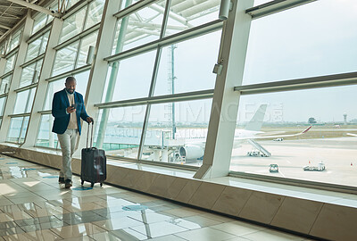 Buy stock photo Airport travel, phone or black man walking to airplane, flight booking or corporate transportation journey. Luggage suitcase, plane departure or typing businessman contact online user on holiday trip