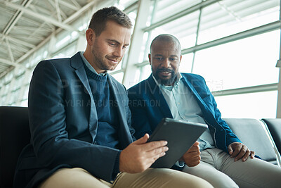 Buy stock photo Tablet, businessman or people at airport meeting for flight update, travel news or schedule planning. Teamwork, lobby and technology of international corporate or entrepreneur black man with partner