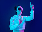 Woman, metaverse and virtual reality glasses for futuristic gaming, cyber and 3d world. Gamer person excited with hand for wow ar, digital experience and vr ux cyberpunk blue background tech app