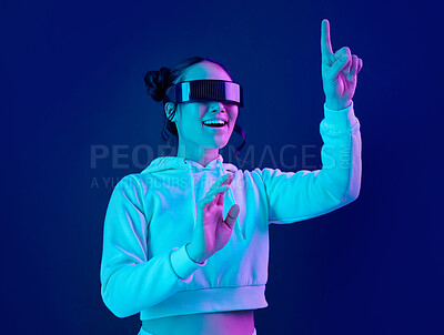 Buy stock photo Woman, metaverse and virtual reality glasses for futuristic gaming, cyber and 3d world. Gamer person excited with hand for wow ar, digital experience and vr ux cyberpunk blue background tech app