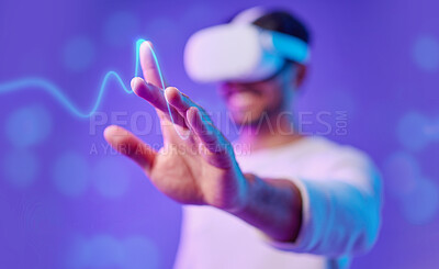 Buy stock photo Metaverse, hand and virtual reality, man and screen touch, futuristic and technology innovation in studio. Digital simulation, ux and gaming, cyber tech overlay and vr goggles on purple background