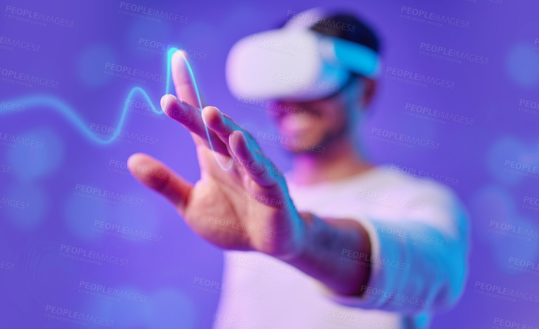 Buy stock photo Metaverse, hand and virtual reality, man and screen touch, futuristic and technology innovation in studio. Digital simulation, ux and gaming, cyber tech overlay and vr goggles on purple background