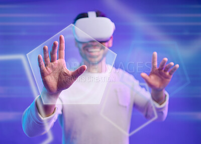 Buy stock photo Hologram, hands or happy man in metaverse on purple background gaming, cyber or scifi on digital overlay. Wow, virtual reality user or fantasy gamer person in futuristic 3d ai experience in studio