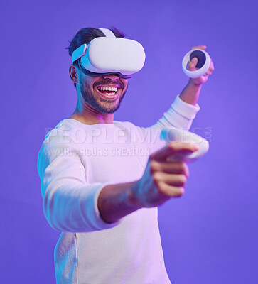 Buy stock photo Metaverse, virtual reality glasses and a man with vr control futuristic gaming, cyber and 3d world. Gamer person with controller in hand for ar, digital experience and cyberpunk purple background app