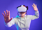 Woman in metaverse with virtual reality glasses for futuristic gaming, cyber and 3d world. Excited gamer person with hand for wow ar, digital experience and creative cyberpunk purple background app