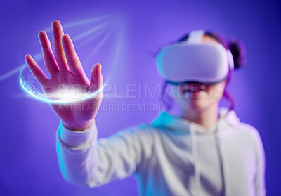 Buy stock photo Metaverse, virtual reality and a woman with vr glasses for futuristic gaming, cyber and 3d world. Gamer person with hand for ar light, digital experience and creative cyberpunk purple background app