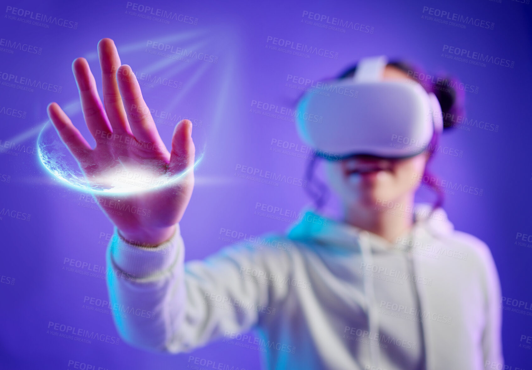 Buy stock photo Metaverse, virtual reality and a woman with vr glasses for futuristic gaming, cyber and 3d world. Gamer person with hand for ar light, digital experience and creative cyberpunk purple background app