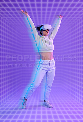 Buy stock photo Future, dance or woman in vr or metaverse on purple background gaming, cyberpunk or scifi on digital overlay. Dancing, virtual reality user or happy fantasy gamer person in 3d experience in studio