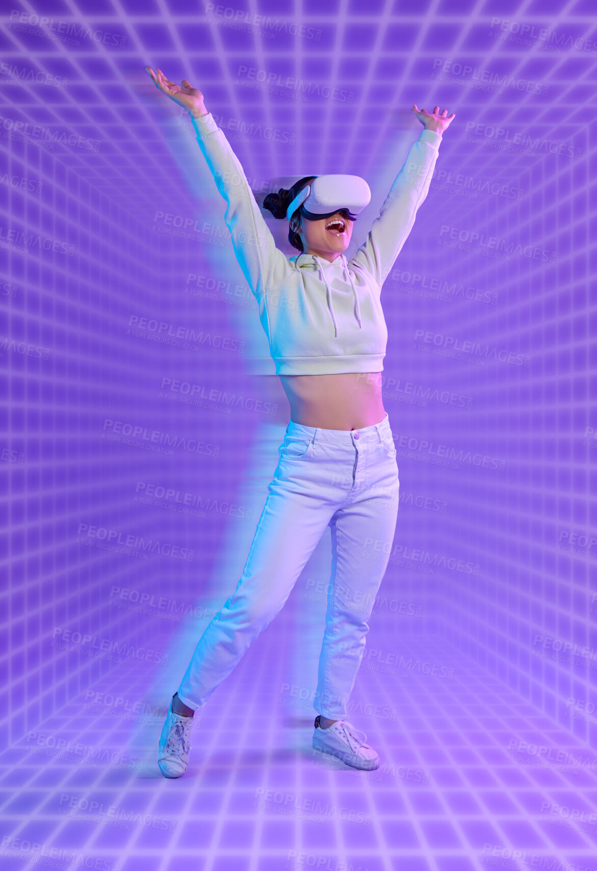 Buy stock photo Future, dance or woman in vr or metaverse on purple background gaming, cyberpunk or scifi on digital overlay. Dancing, virtual reality user or happy fantasy gamer person in 3d experience in studio