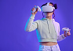 Metaverse, virtual reality glasses and a woman with mockup space for futuristic, cyber and digital world. Gamer person with hand controller for ar, 3d experience and cyberpunk purple background app