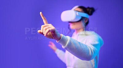 Buy stock photo Woman hand for metaverse, virtual reality glasses and gaming for futuristic, cyber and 3d world. Gamer person finger for ar mock up, digital experience and creative cyberpunk purple background app