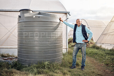 Buy stock photo Man, portrait and water tank in farming liquid or soil hydration for vegetables, food and crops growth. Irrigation, storage and agriculture container for watering conservation, smile or happy farmer