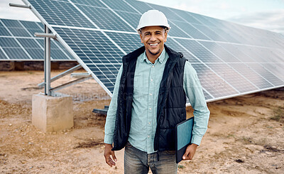 Buy stock photo Portrait, engineer and man outdoor, solar panels and hard hat for safety, happiness and plan for growth. Face, male employee or inspector with sustainability, outside or manager with renewable energy
