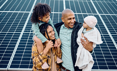 Buy stock photo Black family, children or renewable energy with parents and daughter siblings on a farm together for sustainability. Kids, love or electricity with man and woman girls bonding outdoor for agriculture