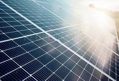 Buy stock photo Solar panels, renewable energy and grid for sustainability, engineering and eco friendly or clean electricity background. Agriculture, photovoltaic design and sunshine for sustainable power industry