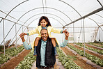 Agriculture, greenhouse and portrait of father with girl for harvesting vegetables, plant growth and gardening. Sustainability farming, happy family and dad and child for quality time, smile and love