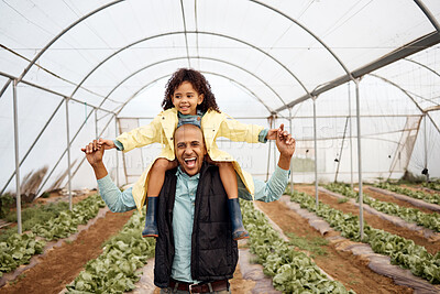Buy stock photo Agriculture, greenhouse and portrait of father with girl for harvesting vegetables, plant growth and gardening. Sustainability farming, happy family and dad and child for quality time, smile and love