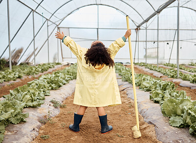 Buy stock photo Child, girl or arms up in farming success, greenhouse harvest or agriculture land growth in sustainability field. Hands raised, winner or celebration for farmer kid, gardening tools or lettuce soil