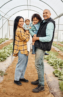 Buy stock photo Family, agriculture and parents with children in greenhouse for gardening, farming and harvest on farm. Sustainability, agro business and mom, dad and kids growing plants, vegetables and natural food