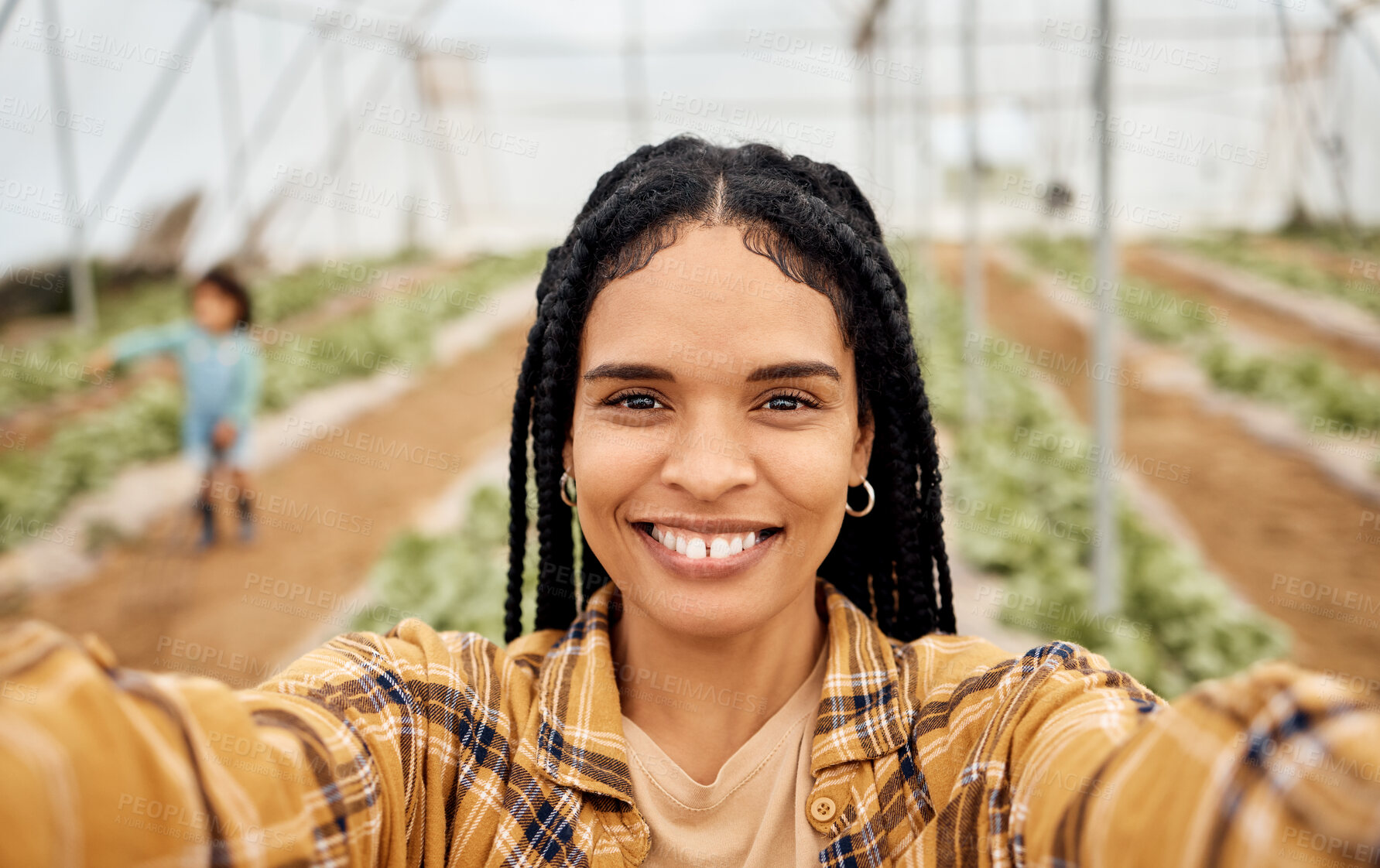 Buy stock photo Black woman, selfie and portrait in greenhouse farm for sustainable farming harvest. Farmer, agro and smile of female small business owner taking pictures in garden for happy memory or social media.