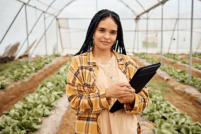 Buy stock photo Greenhouse, agriculture portrait and black woman with vegetables inspection, agro business and food supply chain. Farming, gardening and farmer person with portfolio, checklist and growth management