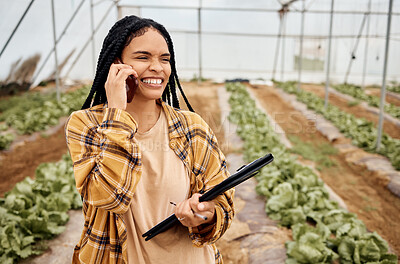 Buy stock photo Greenhouse, phone call and black woman in agriculture food, agro vegetables business and farming networking. Eco friendly, gardening and sustainability person or farmer in supply chain communication