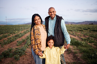 Buy stock photo Black family, smile and portrait at agriculture farm, bonding and having fun together. Love, agro sustainability and care of father, mother and girl, kid or child on field for harvest and farming.