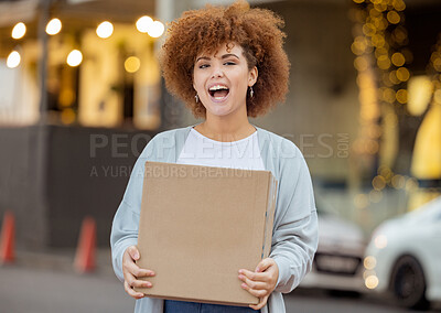 Buy stock photo Happy, box and delivery with portrait of black woman in city for ecommerce, logistics and supply chain. Gift, online shopping and sale with customer and package for shipping, product and post