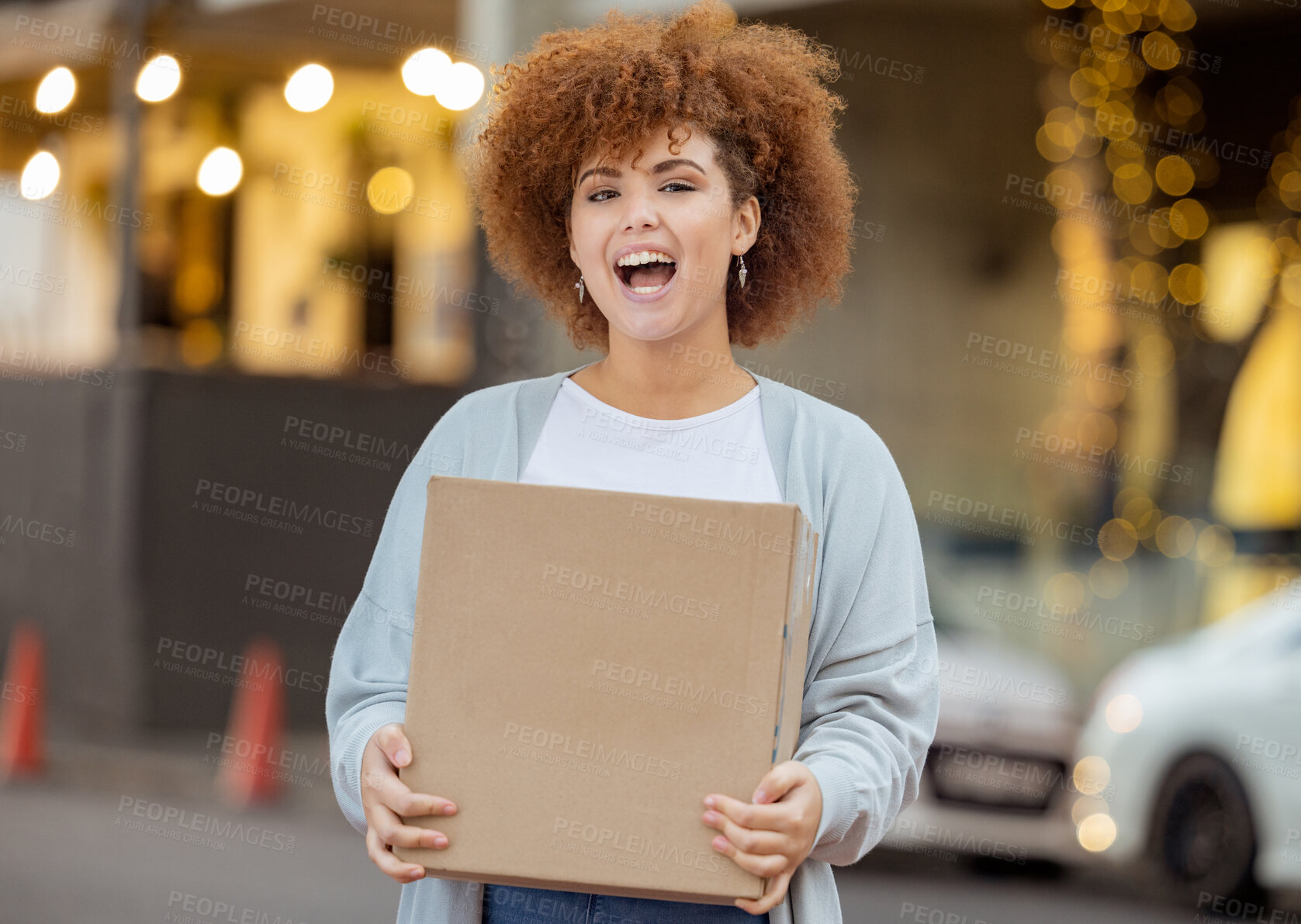 Buy stock photo Happy, box and delivery with portrait of black woman in city for ecommerce, logistics and supply chain. Gift, online shopping and sale with customer and package for shipping, product and post