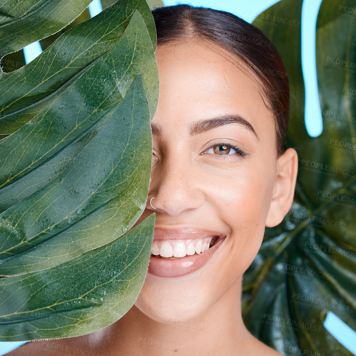 Buy stock photo Skincare, plant leaf and portrait of woman face happy about natural dermatology cosmetics. Person with spa green nature beauty product benefits for self care, skin glow and facial with a smile