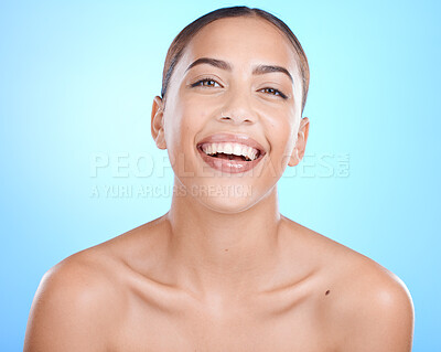Buy stock photo Black woman, studio portrait and beauty with skincare cosmetics, smile and wellness by blue background. Gen z model girl, happy and healthy aesthetic with dermatology, natural skin glow and cosmetic