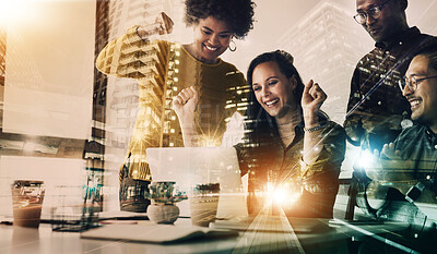 Buy stock photo Success, overlay and business people in celebration on laptop for winning, bonus and sales target. Collaboration, city double exposure and happy team winner with profit, b2b deal and networking goals