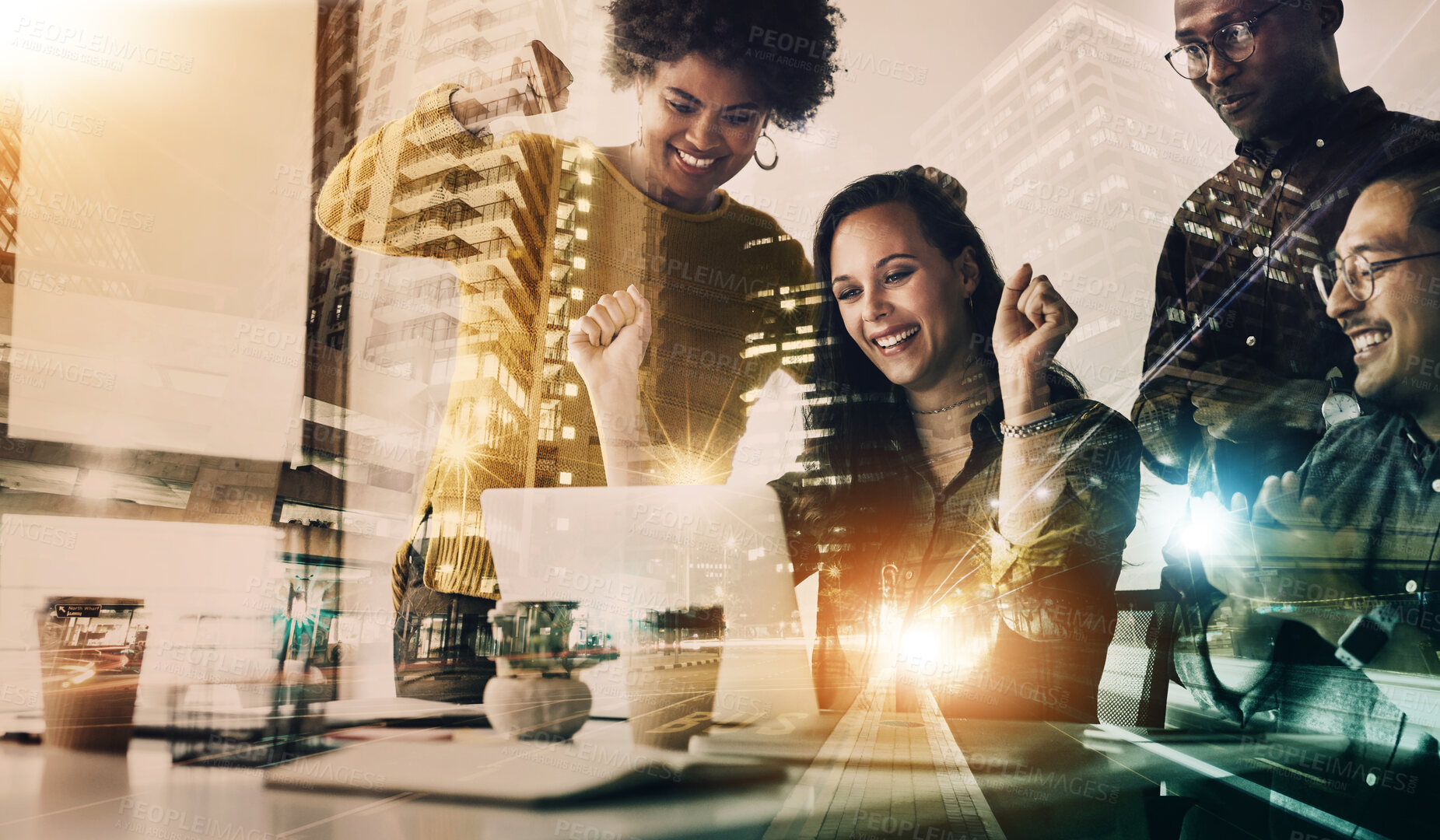 Buy stock photo Success, overlay and business people in celebration on laptop for winning, bonus and sales target. Collaboration, city double exposure and happy team winner with profit, b2b deal and networking goals