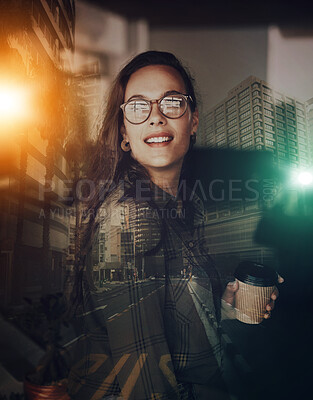 Buy stock photo Overlay, businesswoman and holding coffee smile, happy and excited by startup company in a city. Young, professional and futuristic female with a positive mindset in the night, late and evening