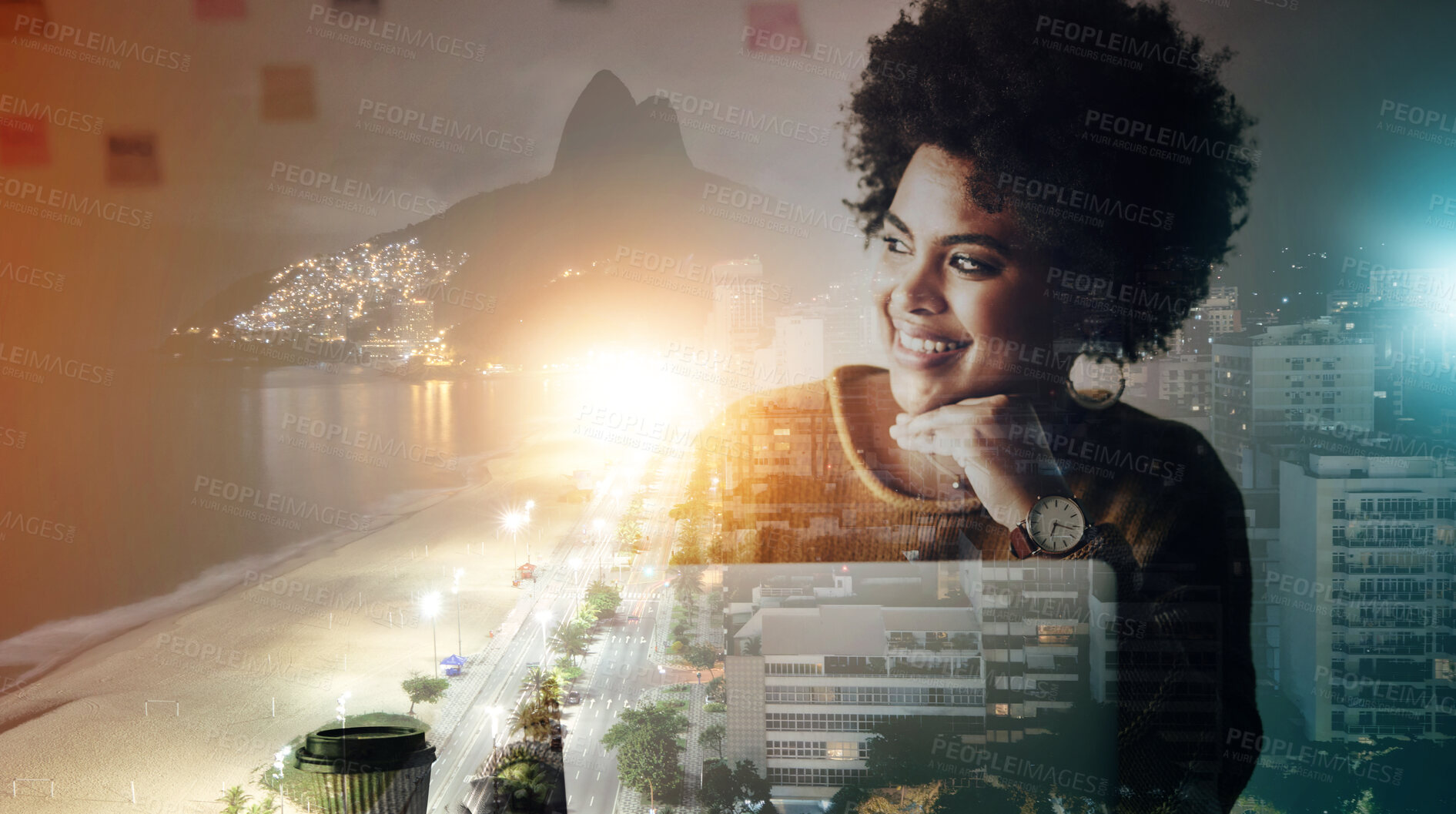 Buy stock photo Woman, office and night with thinking by double exposure city, smile and planning for future goal. Corporate vision, 3d holographic metro and idea for career goals, solution and brainstorming in dark