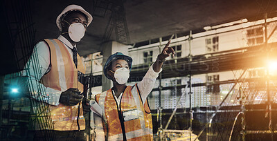 Buy stock photo Engineering team, futuristic and people inspection, planning and building development in city overlay. Night architect, construction worker or black woman manager, industrial strategy and safety mask