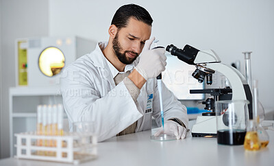 Buy stock photo Science, man and pipette for research, laboratory and experiment for breakthrough, focus and healthcare. Researcher, male and scientist with sample, vaccine and glass equipment for healthcare or cure