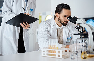 Buy stock photo Scientist, woman and man by microscope with checklist in laboratory for research at pharma company. Science team, data analytics and biotechnology for goals, vision and study virus for lab innovation