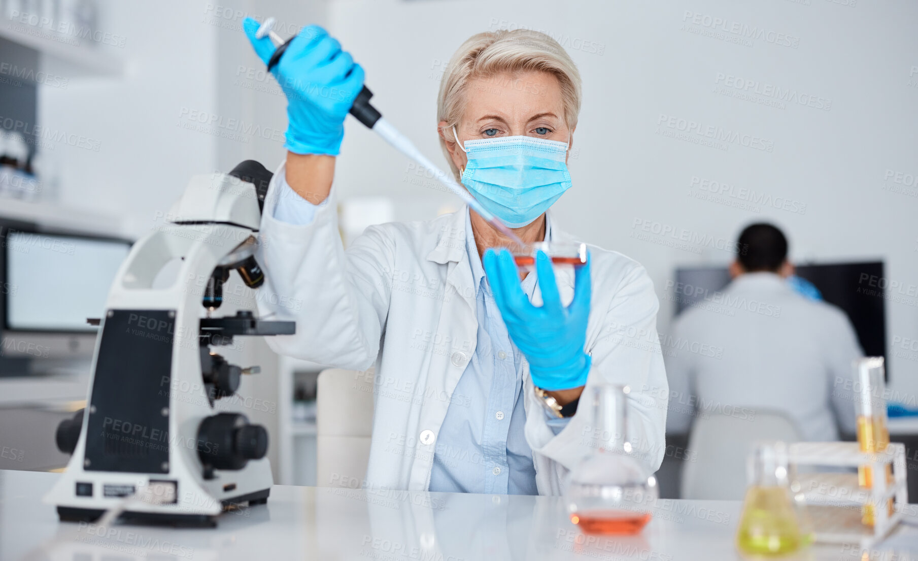 Buy stock photo Woman, doctor and micro pipette for vaccine experiment, sample or tube testing in scientific research or exam in lab. Female scientist or medical expert working with chemicals in science laboratory