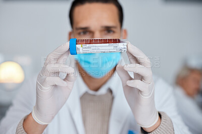 Buy stock photo Man, doctor and hands with blood sample, vial or tube for scientific research, testing or exam in lab. Male scientist or medical expert with mask and gloves holding DNA for science test at laboratory